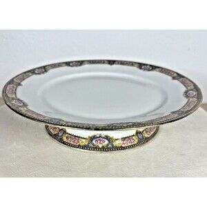 F. Legrand & Cie Limoges France Pedestal Cake Plate Gold Blue Pink Roses
